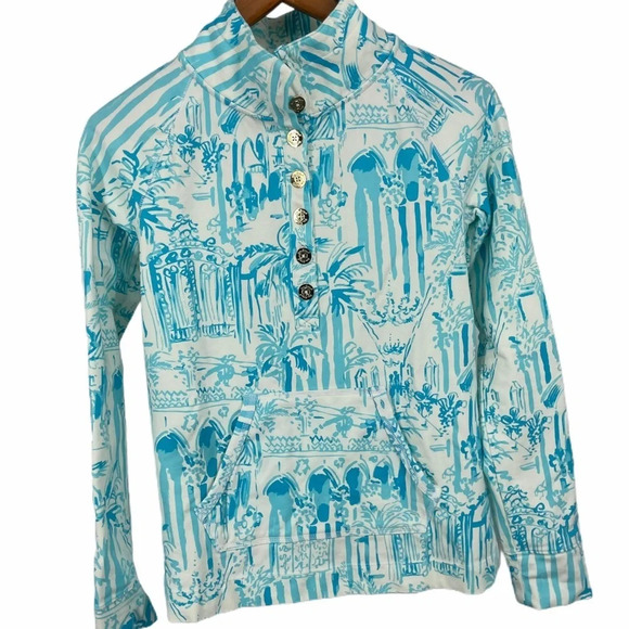 Lilly Pulitzer spring button front pullover blue XS tropical print - Picture 1 of 5